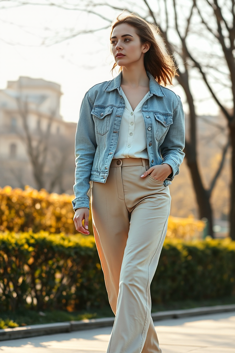 A woman in a light-wash denim jacket over a white blouse and high-waisted beige trousers, walking through a su