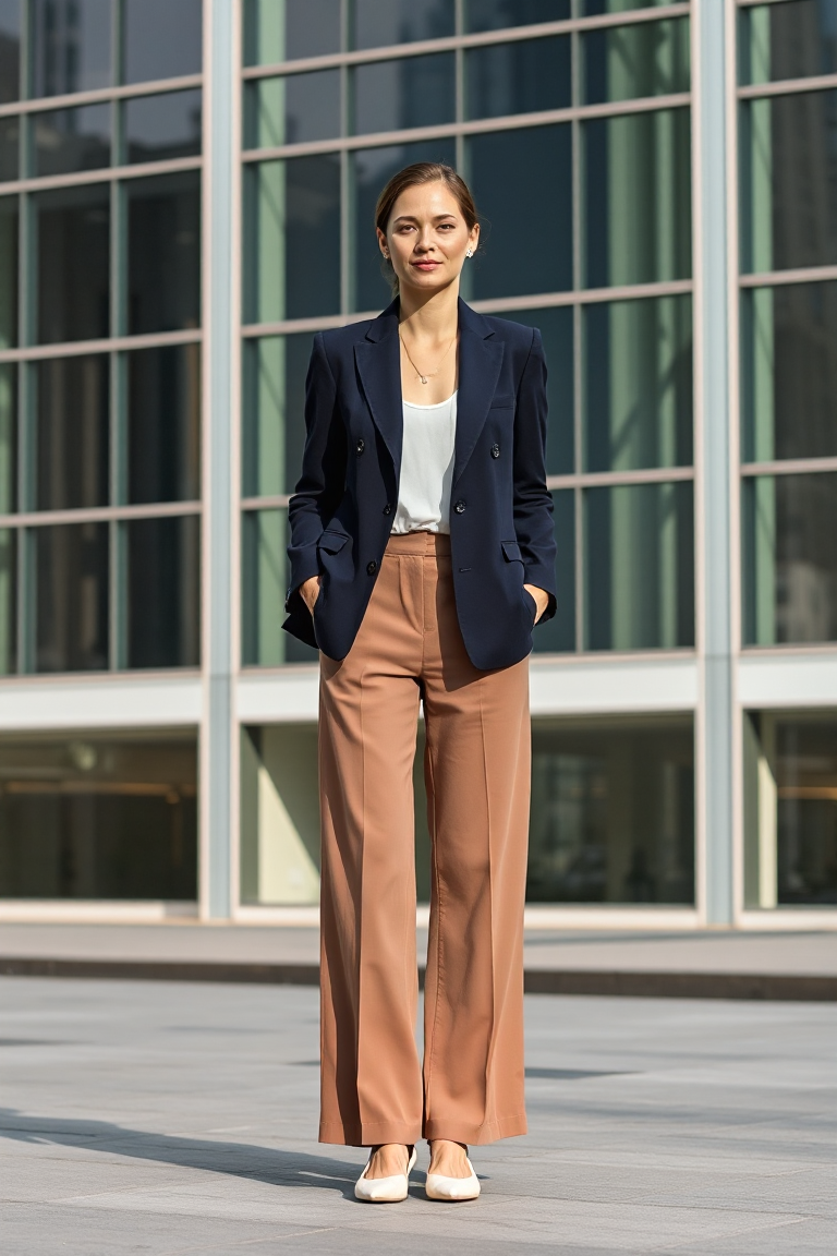 A woman in a tailored navy blazer and wide-leg trousers with cream ballet flats, standing in front of a modern