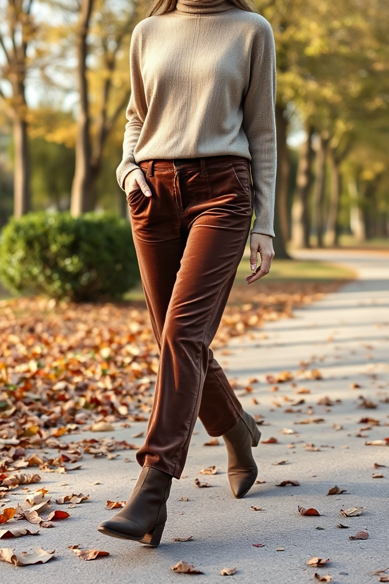 A woman in a chocolate brown velvet trouser with a soft oatmeal cashmere sweater and ankle boots, walking thro