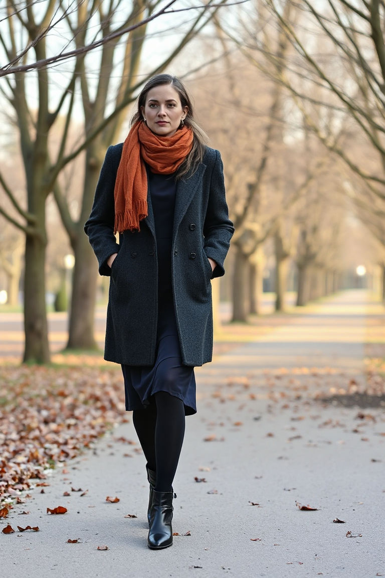 A woman in a charcoal wool coat, navy silk dress, and black tights walks through a leafy park on a crisp winte
