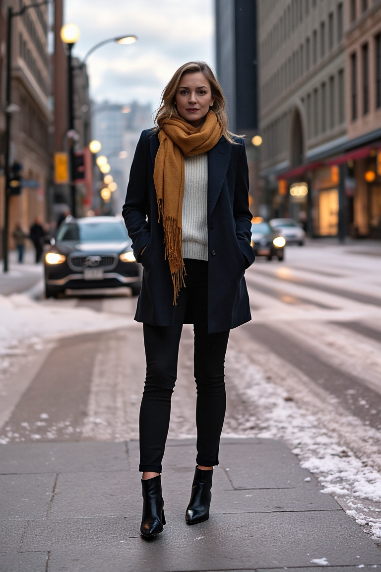 A woman in a tailored navy wool coat, cream cashmere sweater, and black trousers, standing in front of a snowy
