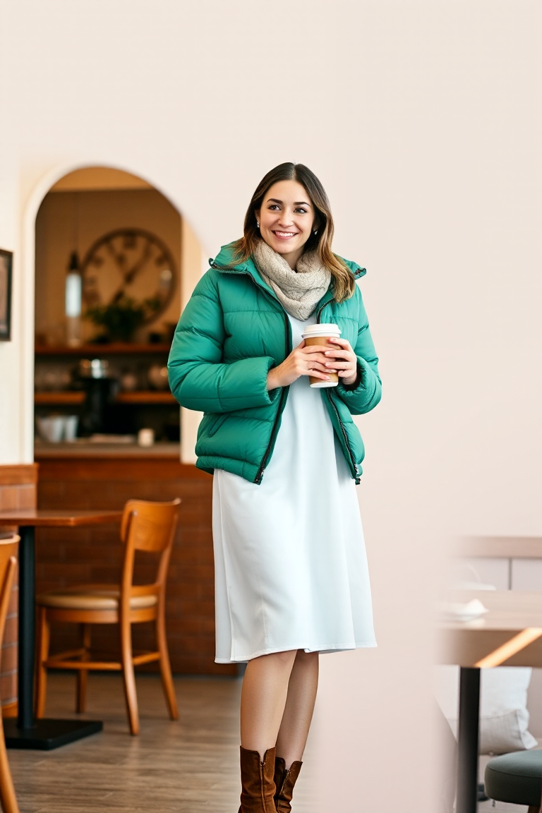 A woman wearing a bright emerald green puffer jacket over a white long-sleeve dress, standing in a cozy café w
