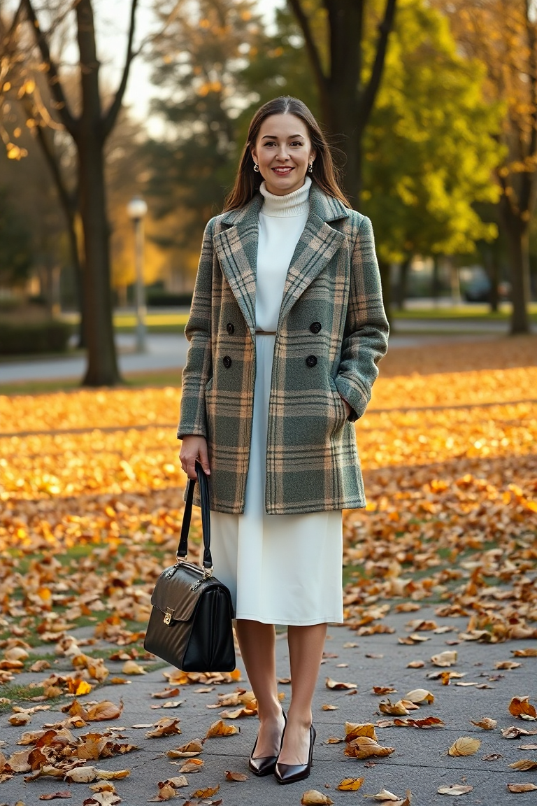 A woman in a sage green and beige tartan coat with a white high-necked dress, holding a black leather handbag,