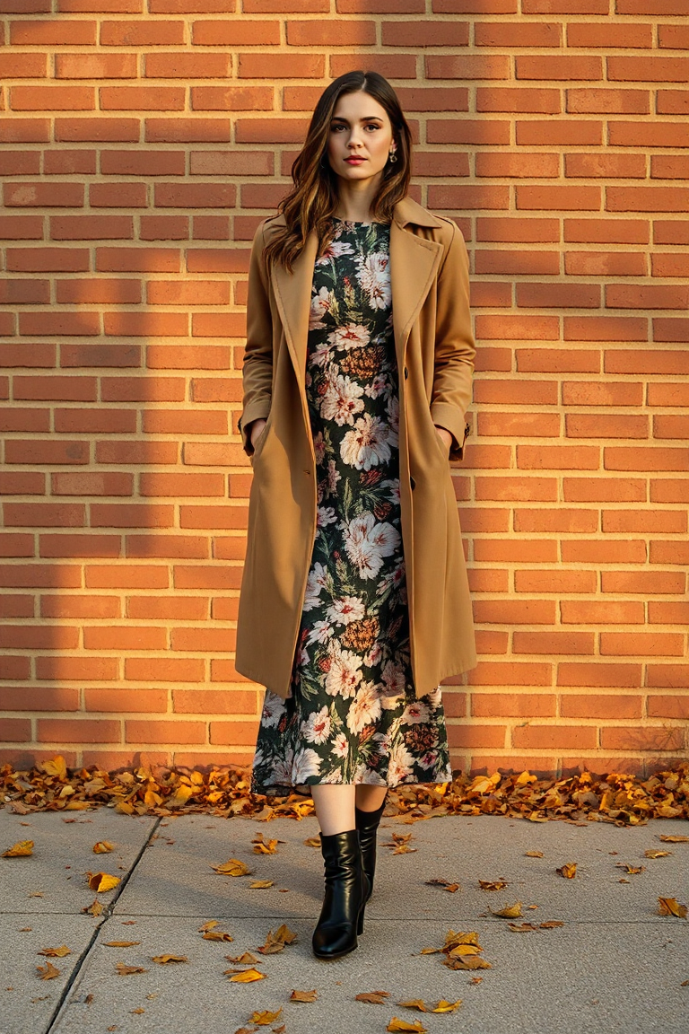 A woman wearing a midi floral dress, black ankle boots, and a camel trench coat, standing in front of a brick 