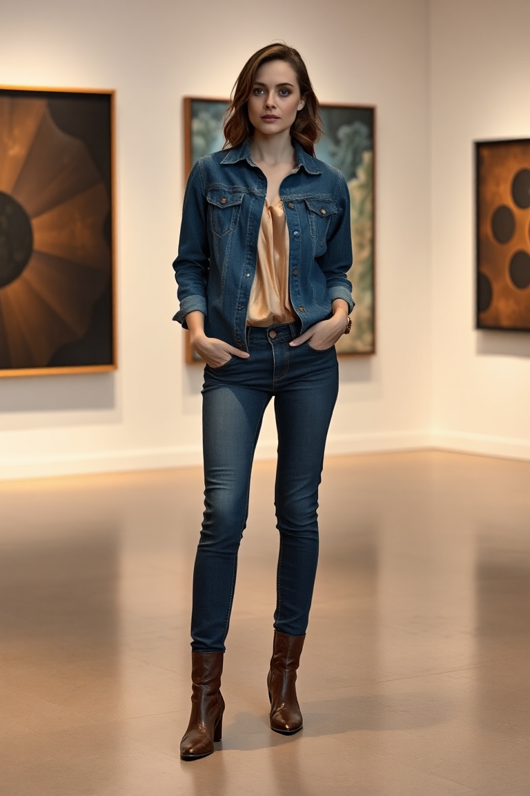 A woman in a denim shirt layered over a satin blouse, paired with straight-leg denim and sleek leather boots, 