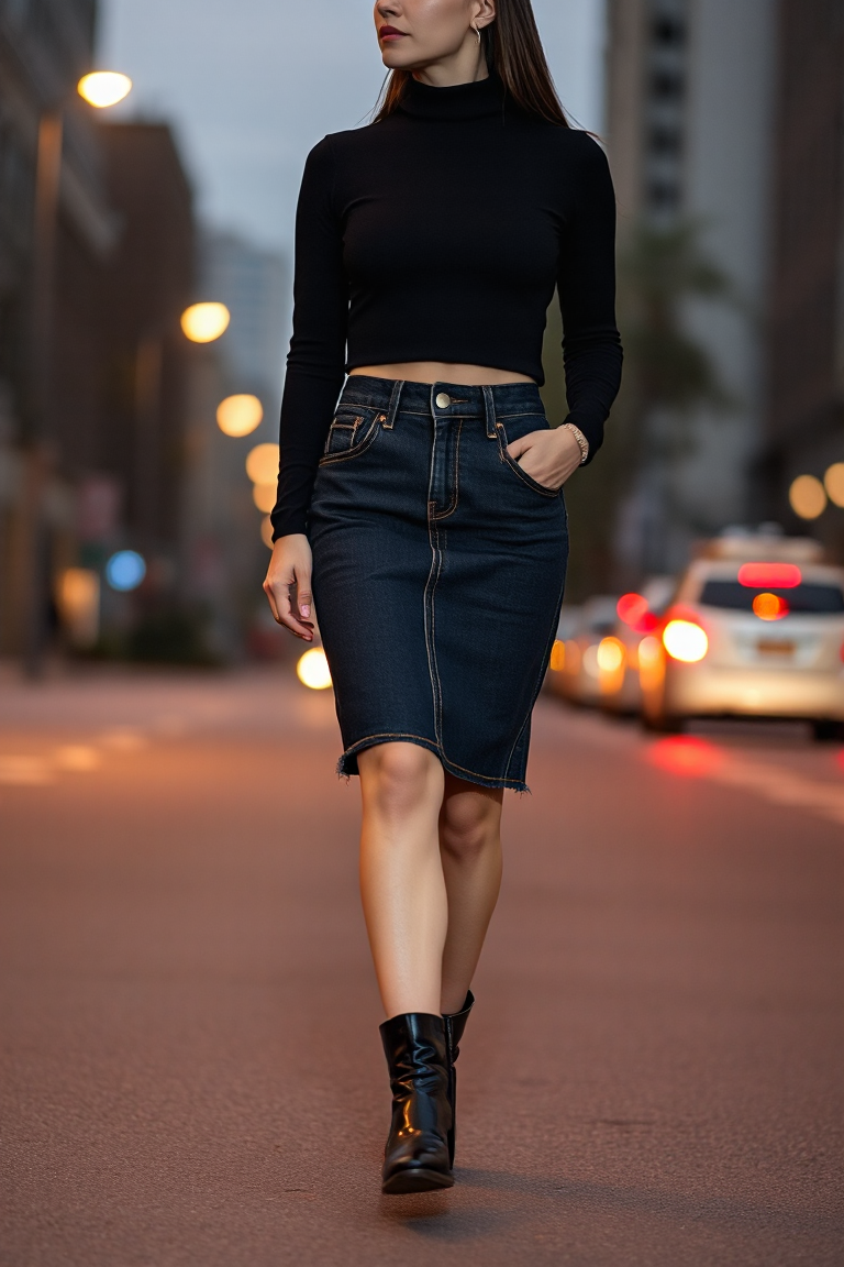 A woman in a high-waisted dark-wash denim skirt, a cropped black turtleneck sweater, and black ankle boots, wa