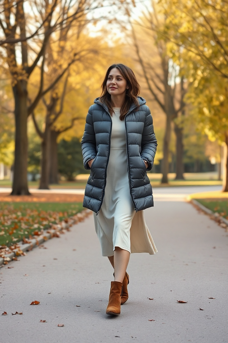 A woman in a longline grey puffer jacket, cream midi dress, and brown ankle boots walking through a park in au