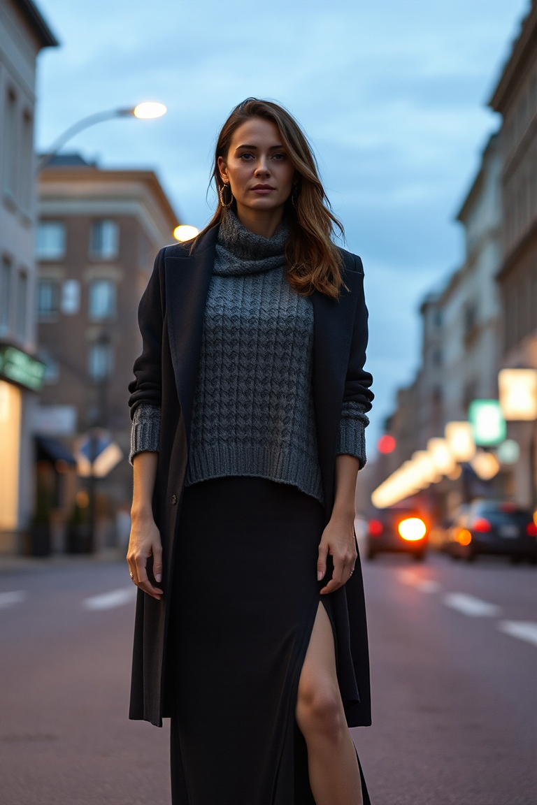 A woman wears a grey chunky knit sweater over a long black slip dress, layered with a navy wool coat, standing