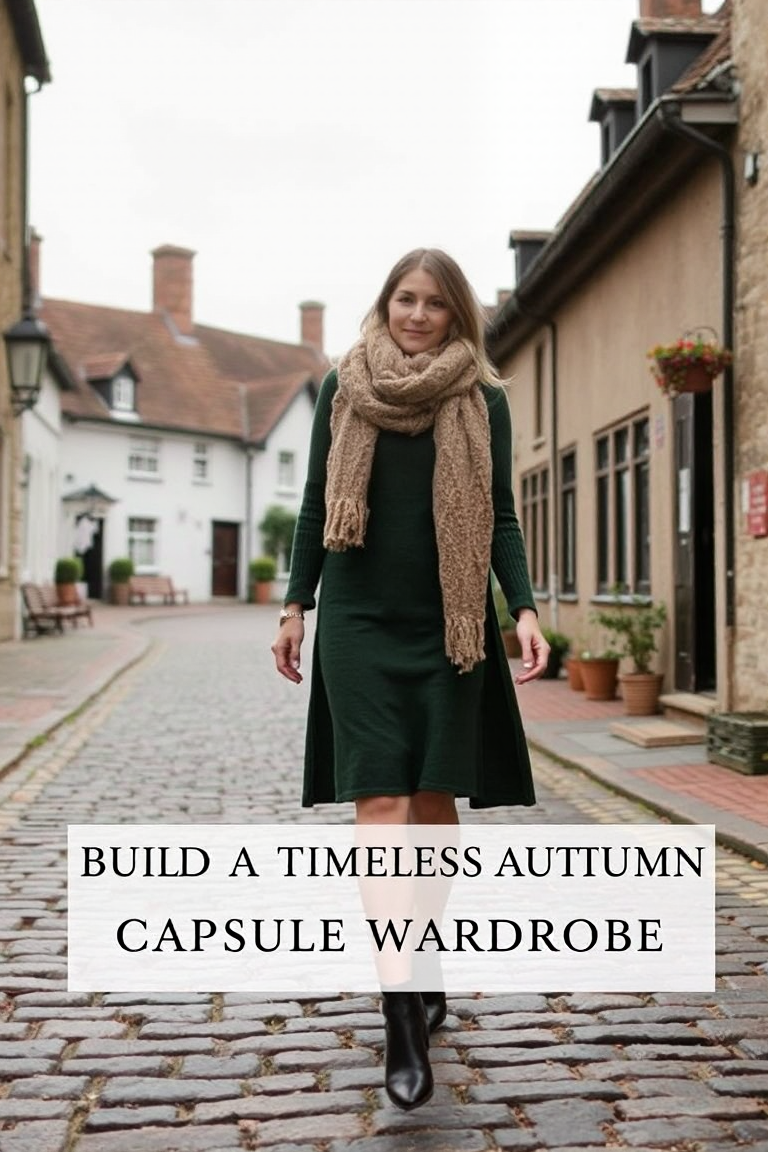 A woman in a deep green knit dress, black ankle boots, and a chunky knitted scarf, walking on a cobblestone st