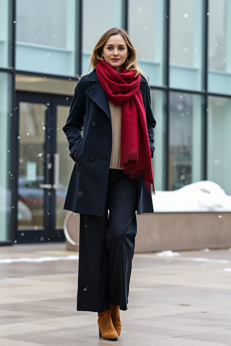 A woman in a dark navy trench coat with a wide lapel, layered over a chunky oatmeal sweater and wide-leg black
