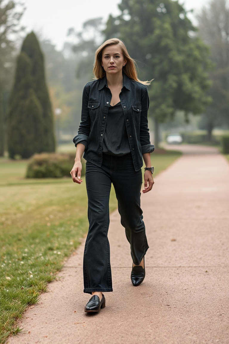 A woman walking through a misty park in a dark-wash denim shirt layered over a sheer black silk blouse, paired