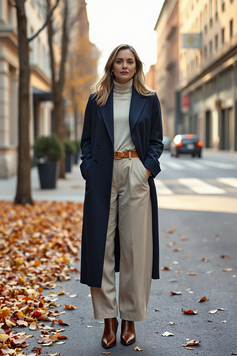 A woman in a deep navy kaftan coat layered over a cream turtleneck and wide-leg trousers, standing on a city s