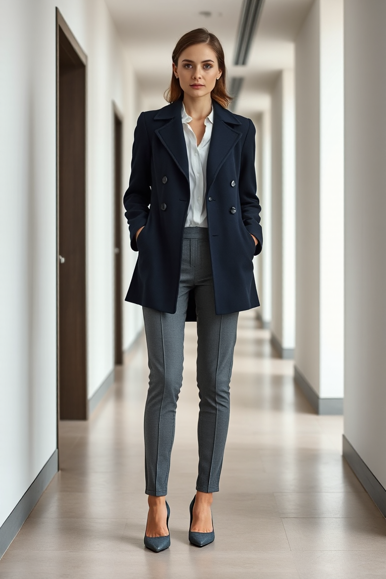 A woman in a navy double-breasted wool coat, white blouse, tailored grey trousers, and pointed-toe heels, stan