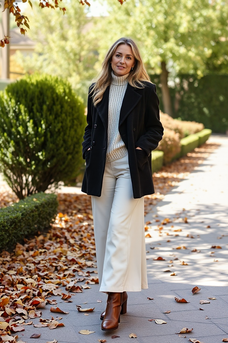 A woman in a black faux suede coat, cream knitted sweater, cream wide-leg trousers, and brown leather boots, s