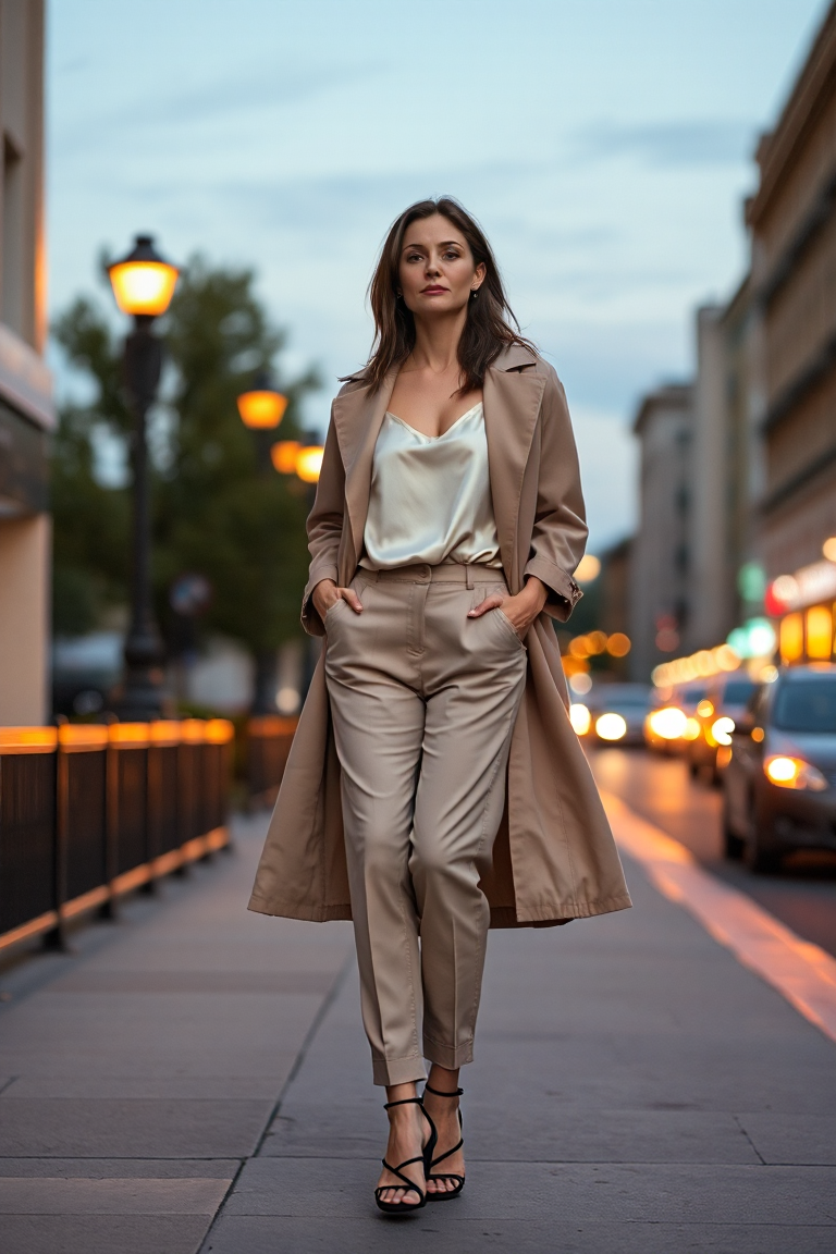 A woman in beige tailored trousers and a cream silk camisole, draped in a long beige trench coat, standing on 