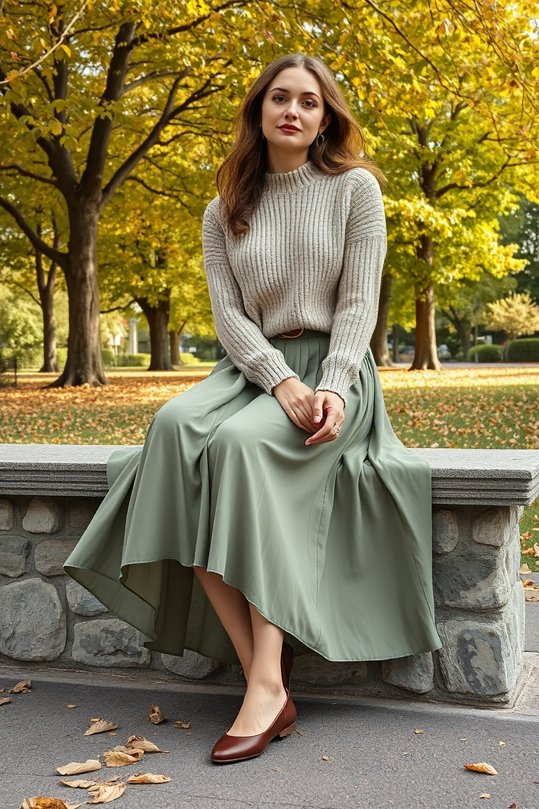 A woman in a flowing sage green midi skirt and a soft beige knit sweater with brown ballet flats, sitting on a