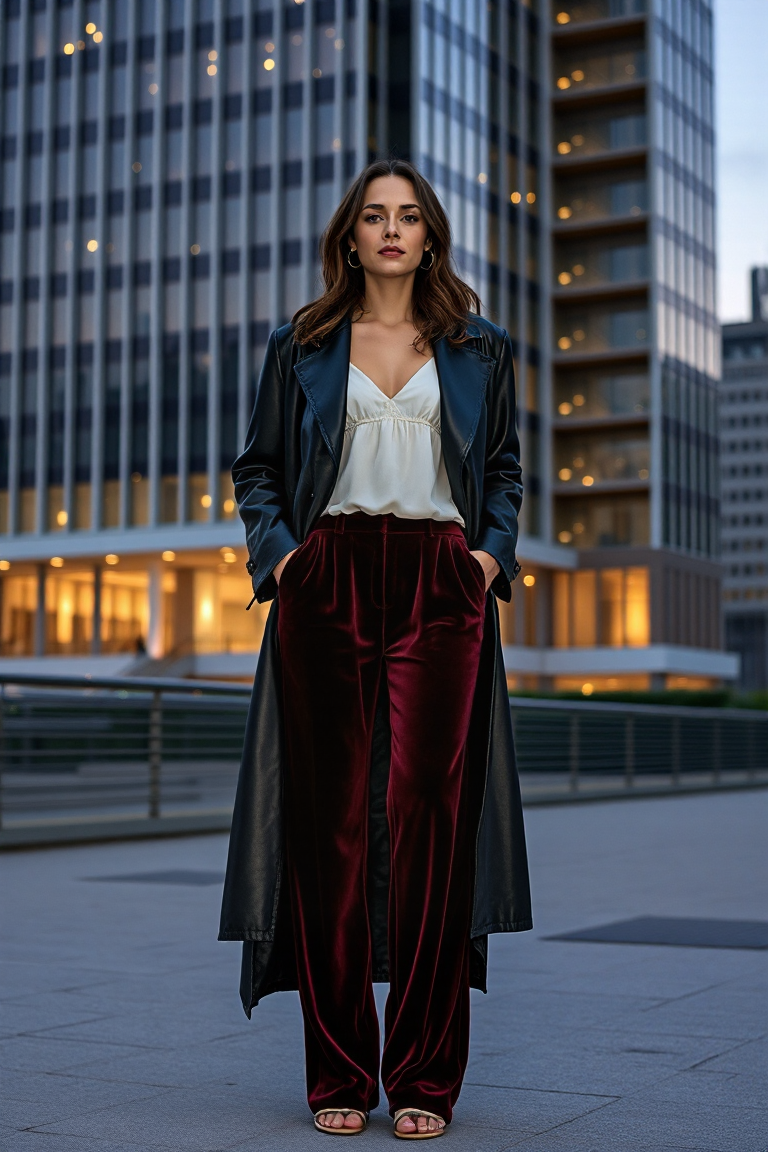 A woman in a wide-leg burgundy velvet trouser with a white silk camisole and a long black leather coat, standi