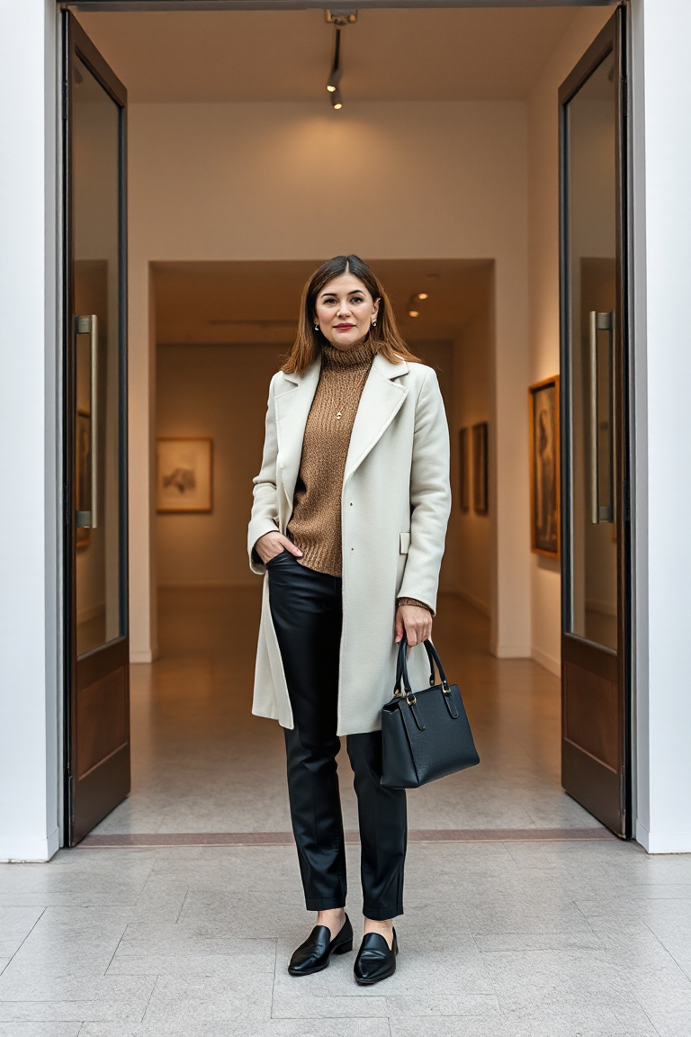 A woman in a cream wool coat, oatmeal knit sweater, and black leather trousers stands at the entrance of a mod