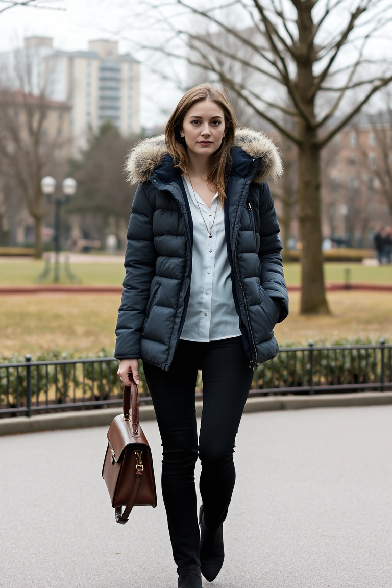 A woman in a charcoal grey puffer jacket with a faux fur-lined hood, layered over a navy blue blazer and white