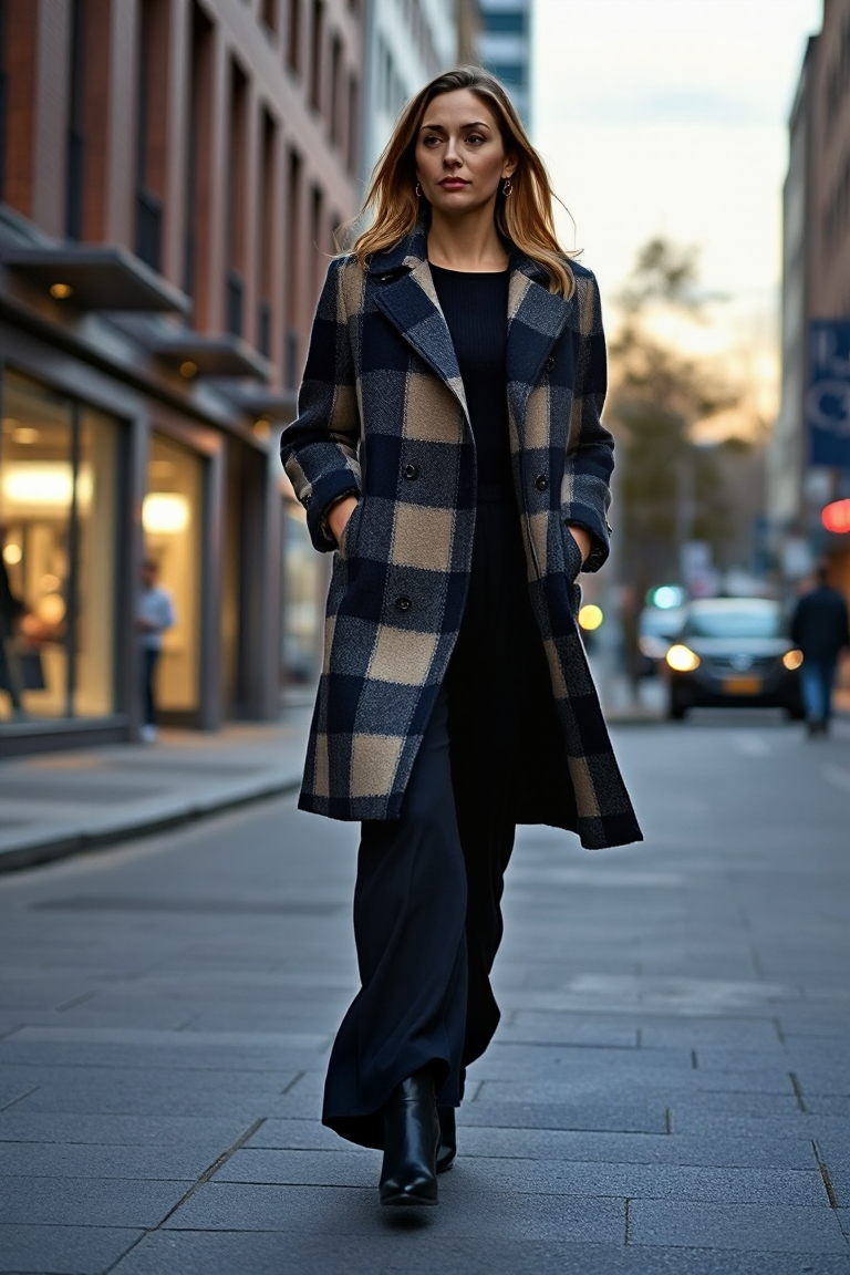 A woman wearing a navy and cream tartan coat with a black wide-leg jumpsuit and black ankle boots, walking thr