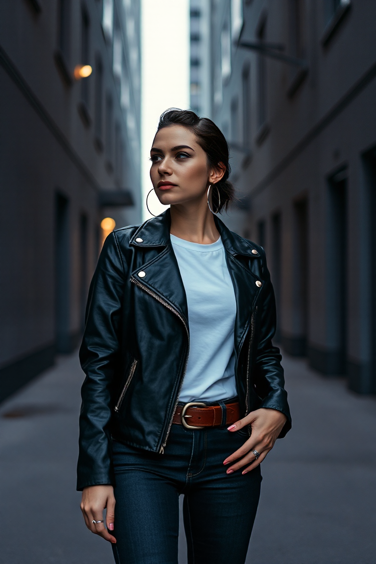 A woman in a black leather jacket and white t-shirt stands in a modern urban alleyway, wearing chunky silver h