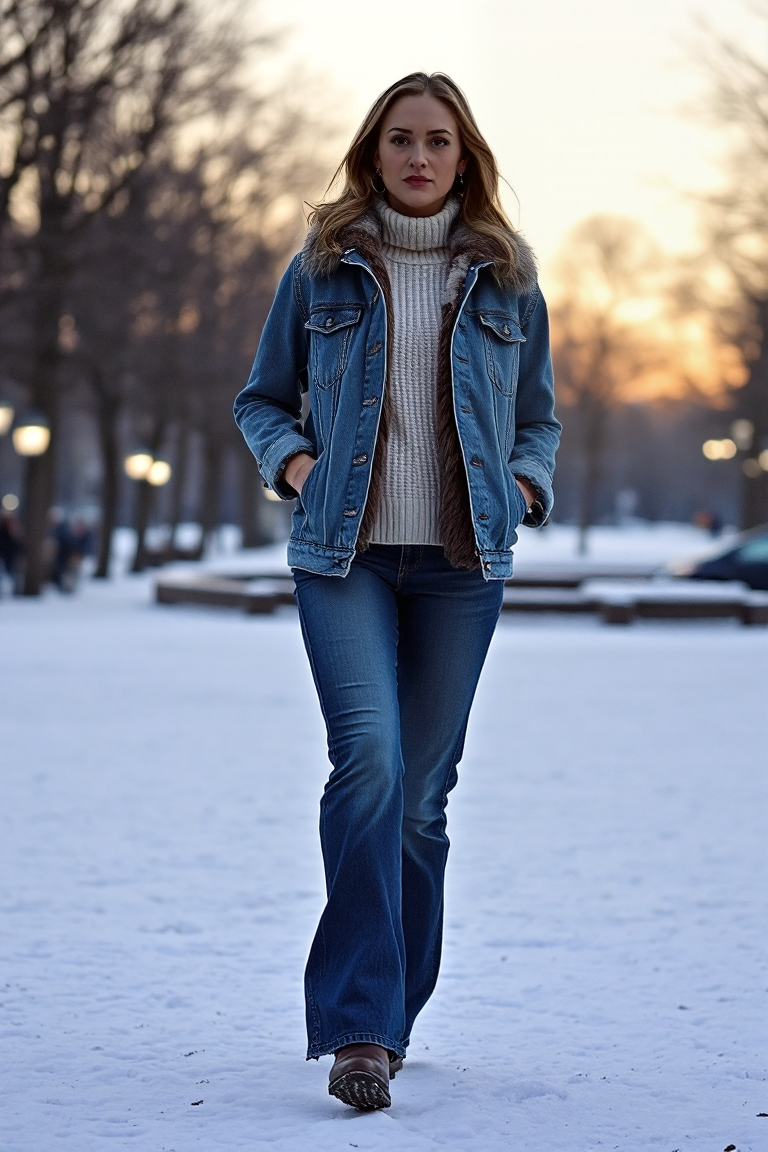 A woman in a distressed denim jacket over a faux fur vest and a ribbed turtleneck, with wide-leg jeans and kne