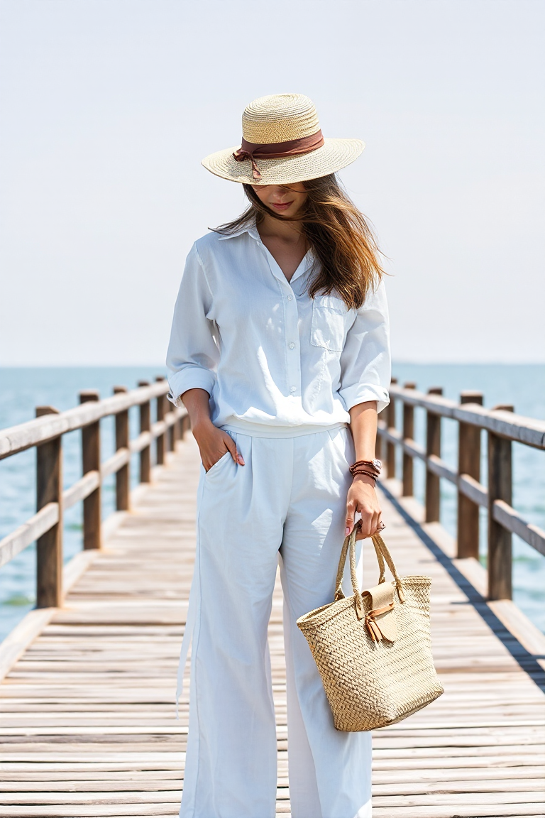 A woman in a white linen shirt and wide-leg trousers stands on a wooden pier by the sea, wearing a wide-brimme