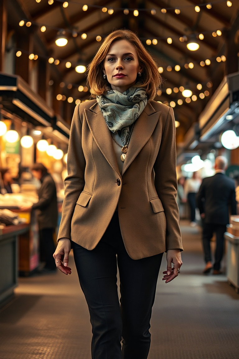 A woman in a taupe wool blazer, black trousers, and a silk scarf with a gold necklace, walking through a bustl