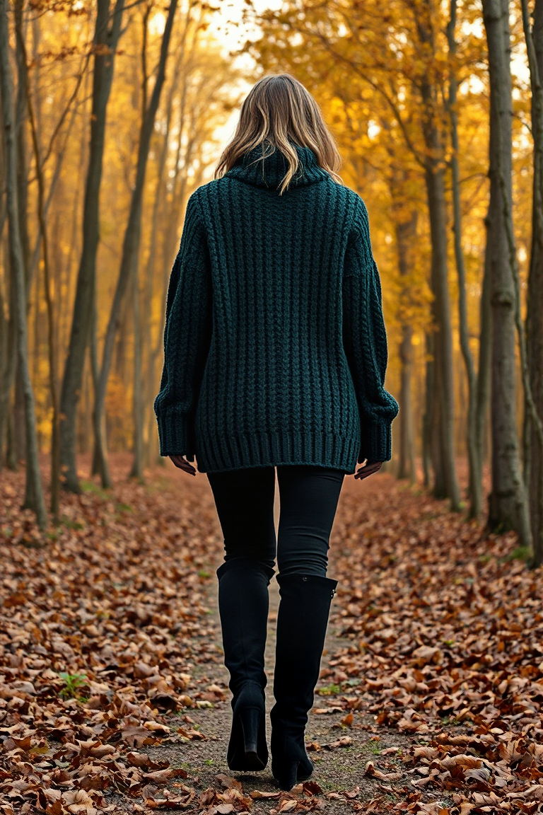 A woman in a deep green chunky knit sweater, black leggings, and over-the-knee black boots walks through an au