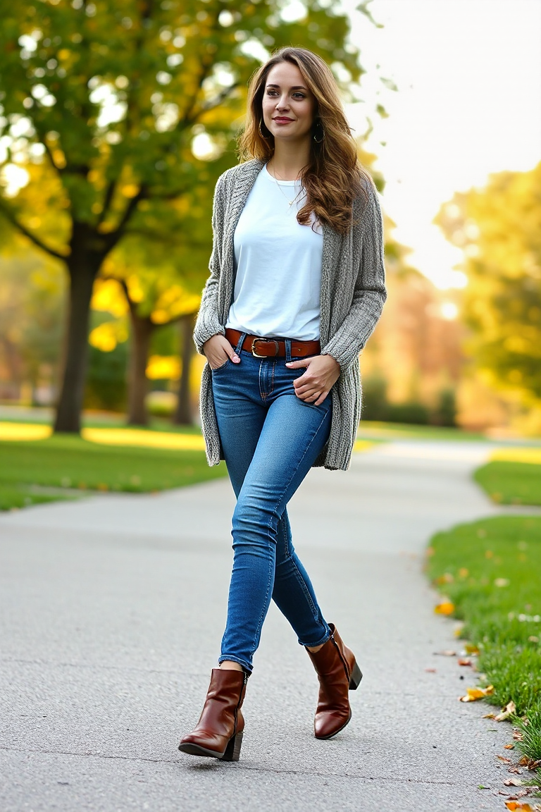 A woman in mid-wash jeans and a slightly oversized white tee, layered with a chunky knit cardigan, wearing bro