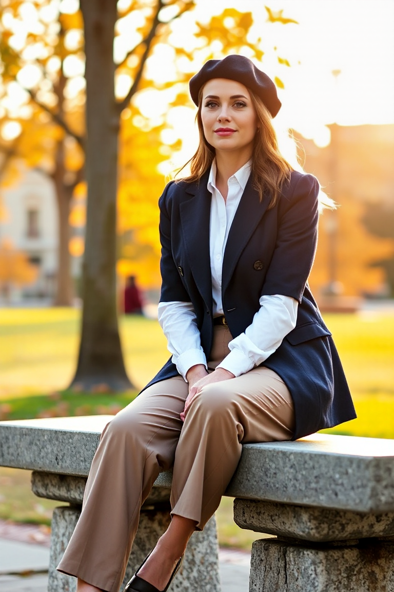 A woman in a navy wool blazer, white long-sleeve shirt, taupe trousers, and a felt beret, sitting on a stone b