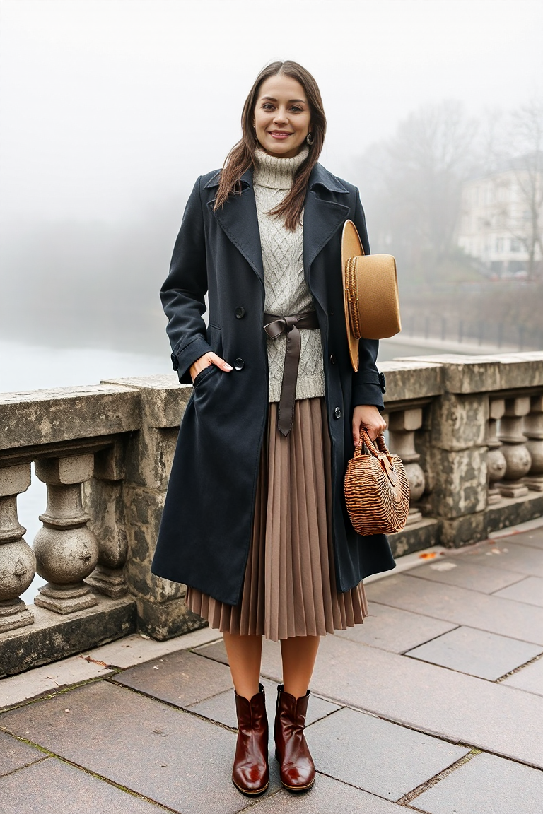 A woman in a charcoal trench coat belted at the waist, layered over a cream cable-knit sweater and a pleated w