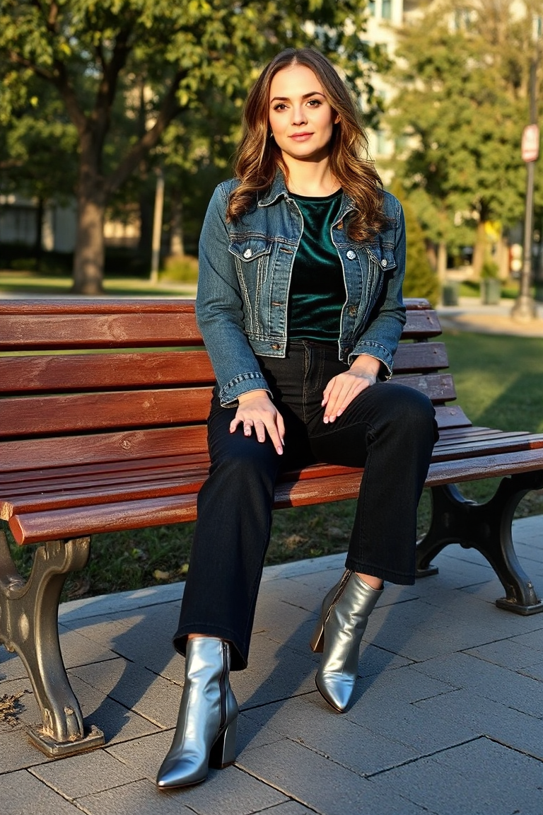 A woman sitting on a vintage wooden bench in a city park wearing a cropped denim jacket over a deep emerald ve
