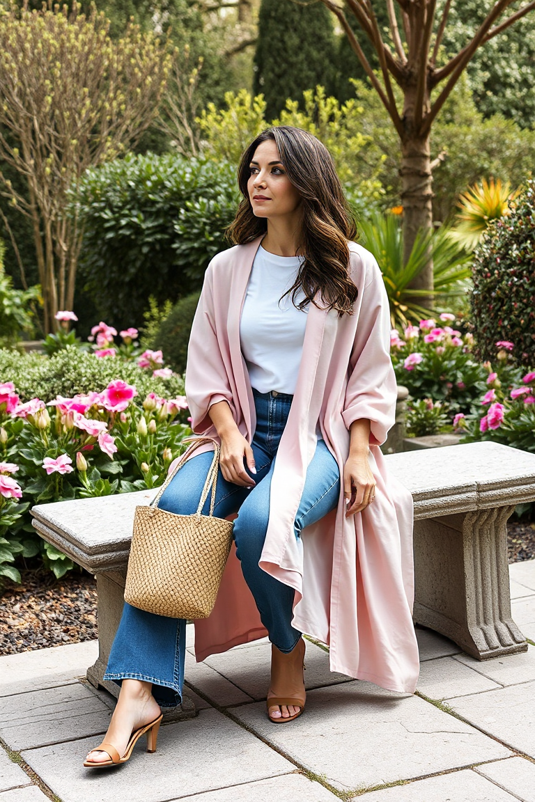 A woman in a light blush kaftan coat over a simple white t-shirt and high-waisted jeans, sitting on a stone be