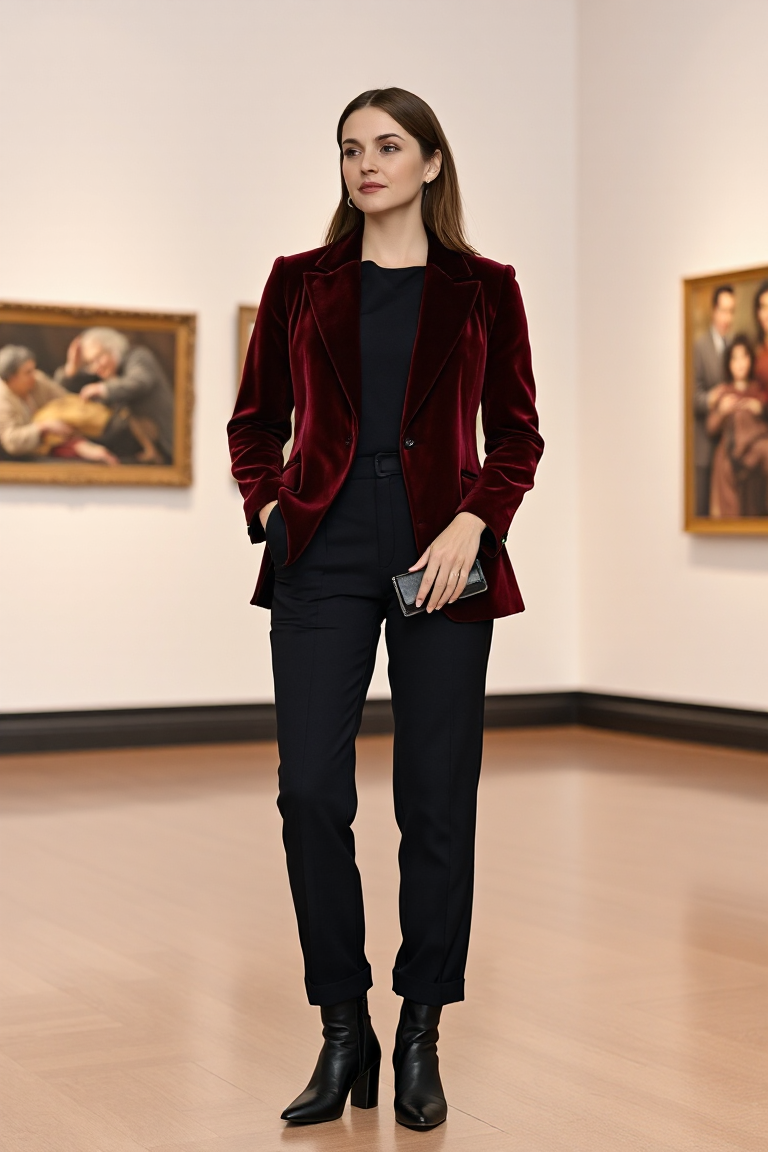 A woman in black tailored trousers and a black fitted bodysuit, layered with a deep red velvet blazer, standin
