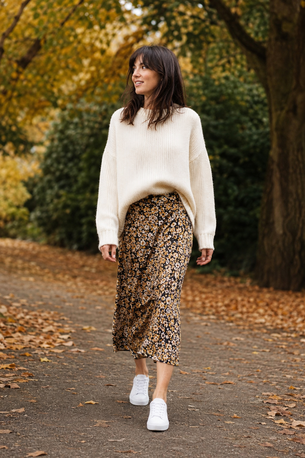 Full-body fashion photograph of a woman in a floral bias-cut midi skirt paired with an oversized cream knit ju