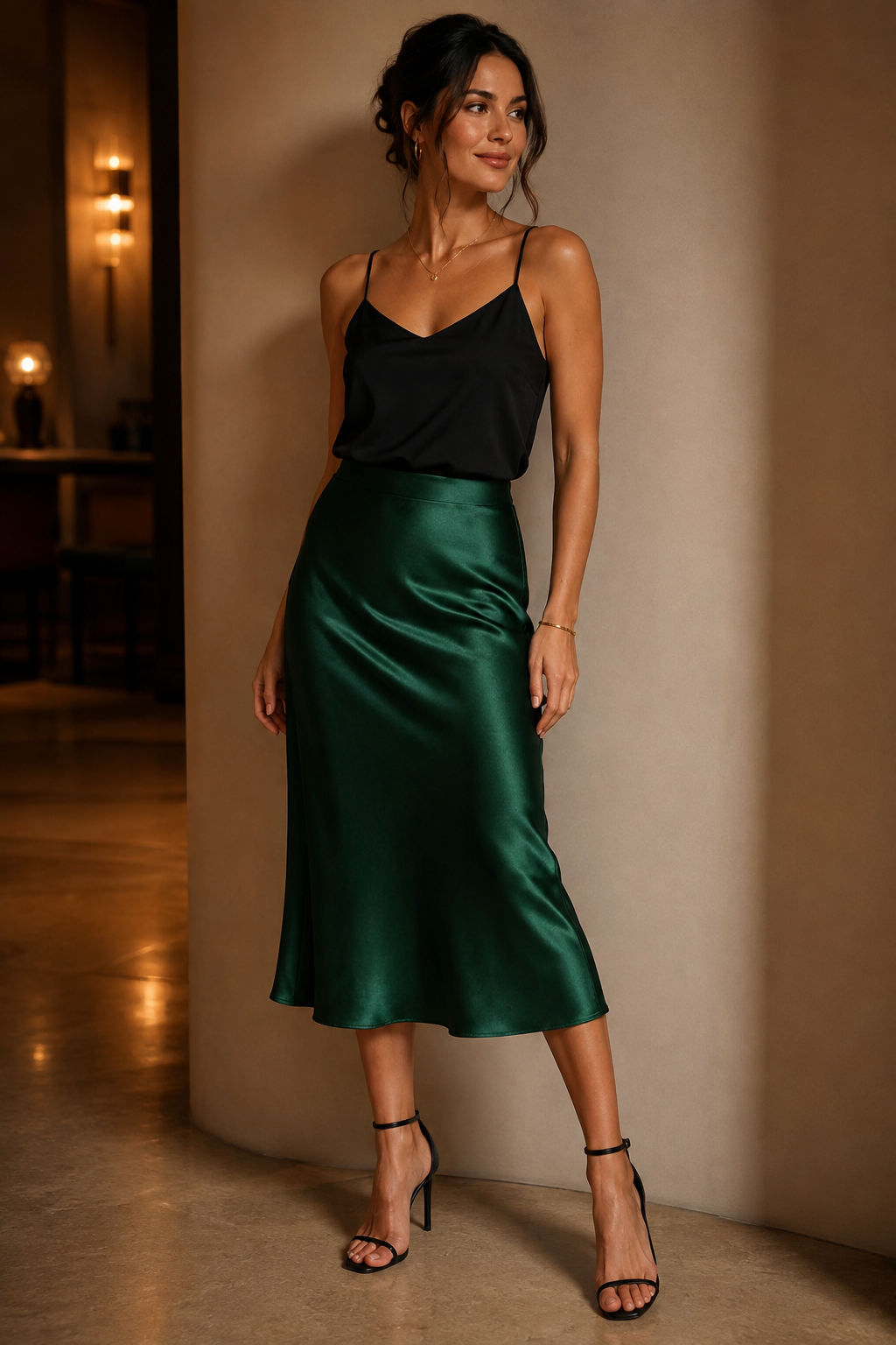 Full-body fashion photograph of a woman wearing an emerald satin midi skirt with a fitted black camisole and s