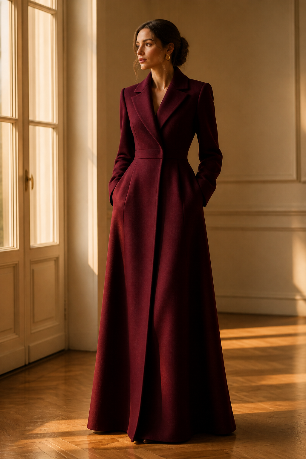 Full-body fashion photo of a graceful woman in a floor-skimming deep burgundy tailored coat with a nipped wais