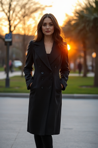 A woman in a sleek black dressy coat, standing confidently in a city park at sunset, with the setting sun cast