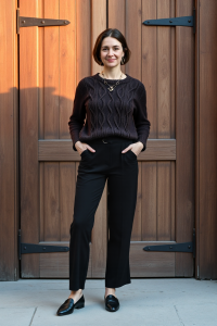 A woman in a dark brown cable knit sweater paired with high-waisted black trousers, a statement necklace, and