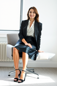 A woman in a black leather skirt paired with a white silk blouse and a black blazer, wearing black strappy hee