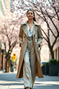 A woman in a mid-length beige trench coat over a white silk blouse and high-waisted wide-leg trousers, walking
