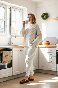 A woman in a cream oversized knit sweater and soft joggers, standing in a sunlit kitchen, sipping coffee, with