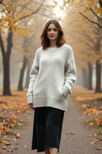 A woman in a cream chunky knit sweater layered over a black midi dress, standing in a misty autumn park with g