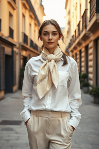 A woman in a cream silk scarf tied in a classic neck knot, wearing a white linen shirt and tailored trousers,