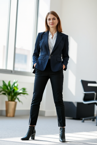 A professional woman wearing a tailored navy blue blazer over a crisp white blouse, paired with black trousers