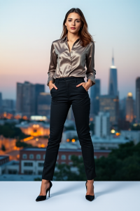 A woman in tailored trousers, a silk blouse, and elegant heels, standing confidently in front of a cityscape a
