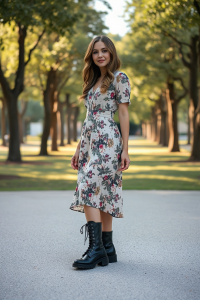 A woman in a floral midi dress and combat boots, standing in a sunlit park with a soft, romantic vibe