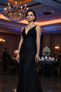 A woman in a sophisticated black evening gown, accessorised with a diamond necklace and a pair of pearl earrin