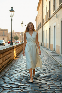 A woman wearing a cream linen midi dress and neutral ballet flats, walking along a sunlit cobblestone path wit